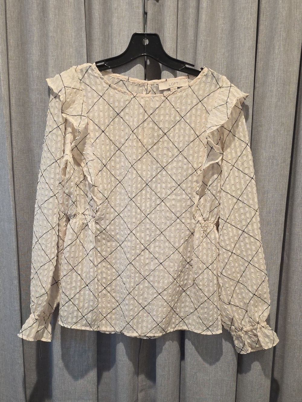 LOFT Cream and Black Textured Ruffle-Trim Long Sleeve Blouse